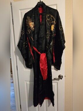 1970s Silk Dragon Chinese Dragon Robe With Belt Black Red Gold